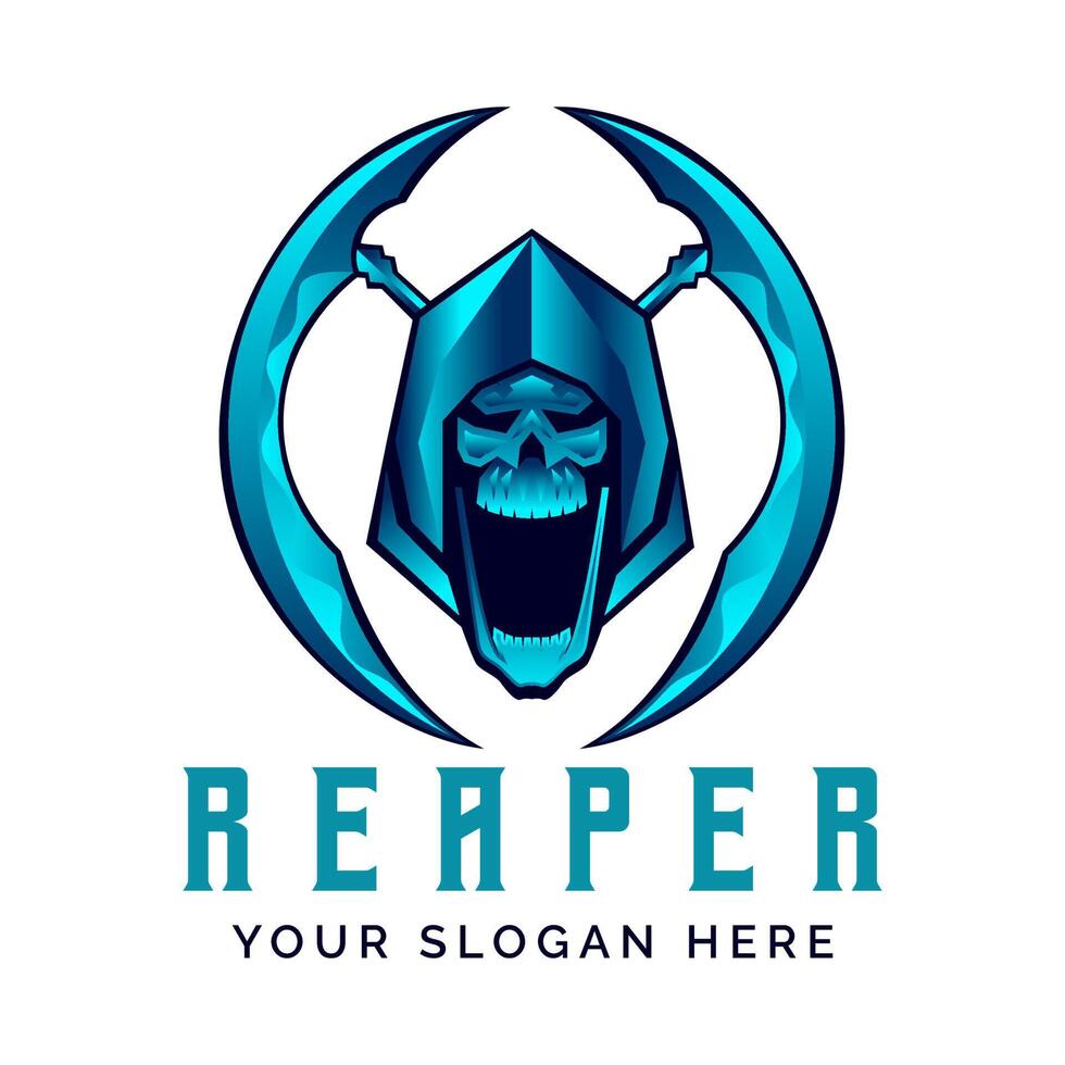 Blue metallic Grim Reaper logo design template vector illustration