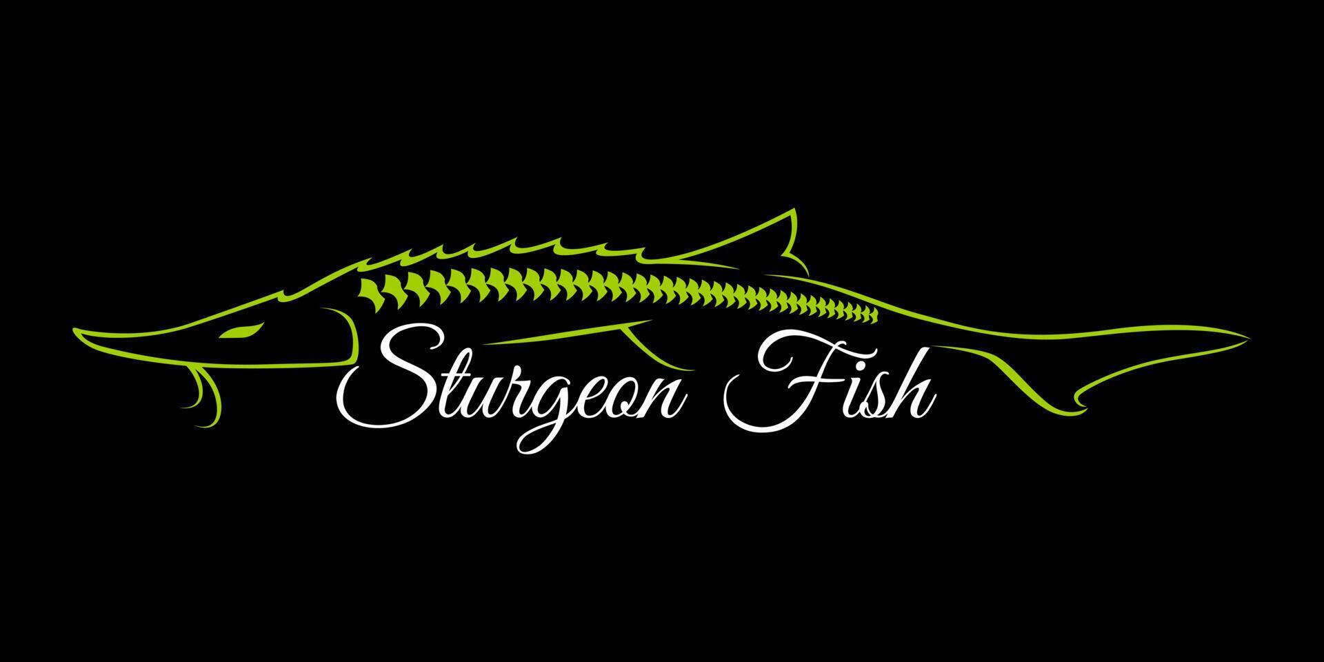 Sturgeon fish fishing logo on black dark background. modern vintage rustic logo design. great to use as your any fishing company logo and brand vector