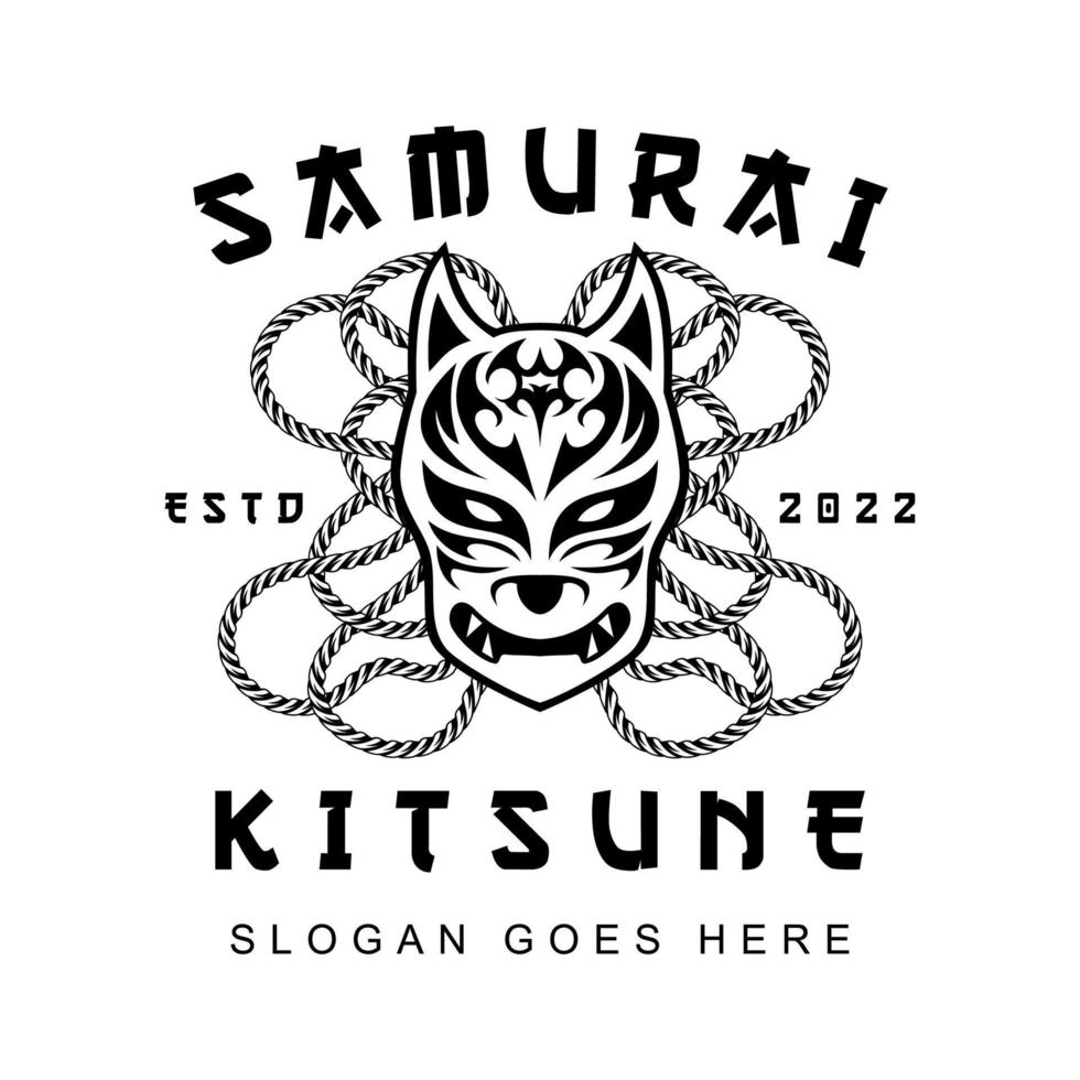 Kitsune and Rope samurai Shuriken Head japanesee Wolf Logo in vintage style black and white vector illustration