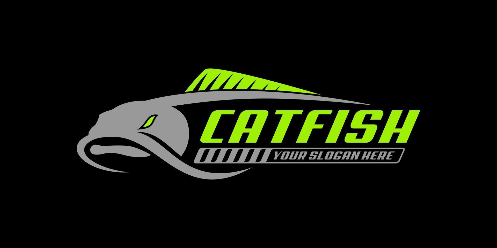 cat fish fishing logo on black dark background. modern vintage rustic logo design. great to use as your any fishing company logo vector