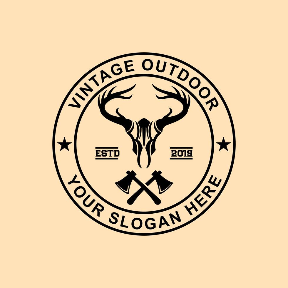 Circle Deer skull vintage outdoor adventure logo design template vector illustration
