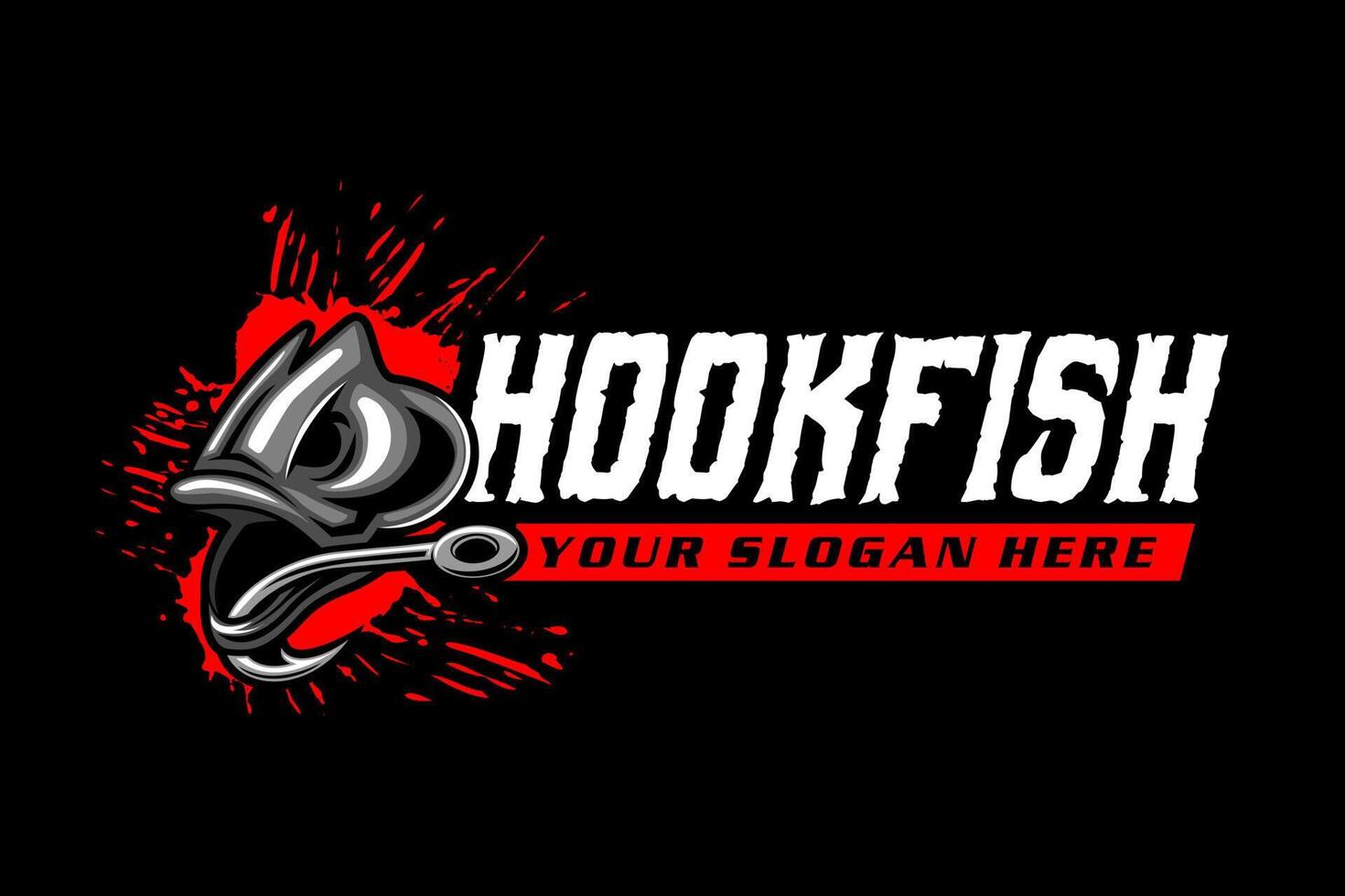 fish and hook fishing logo on black dark background in modern vintage rustic logo design style template vector illustration