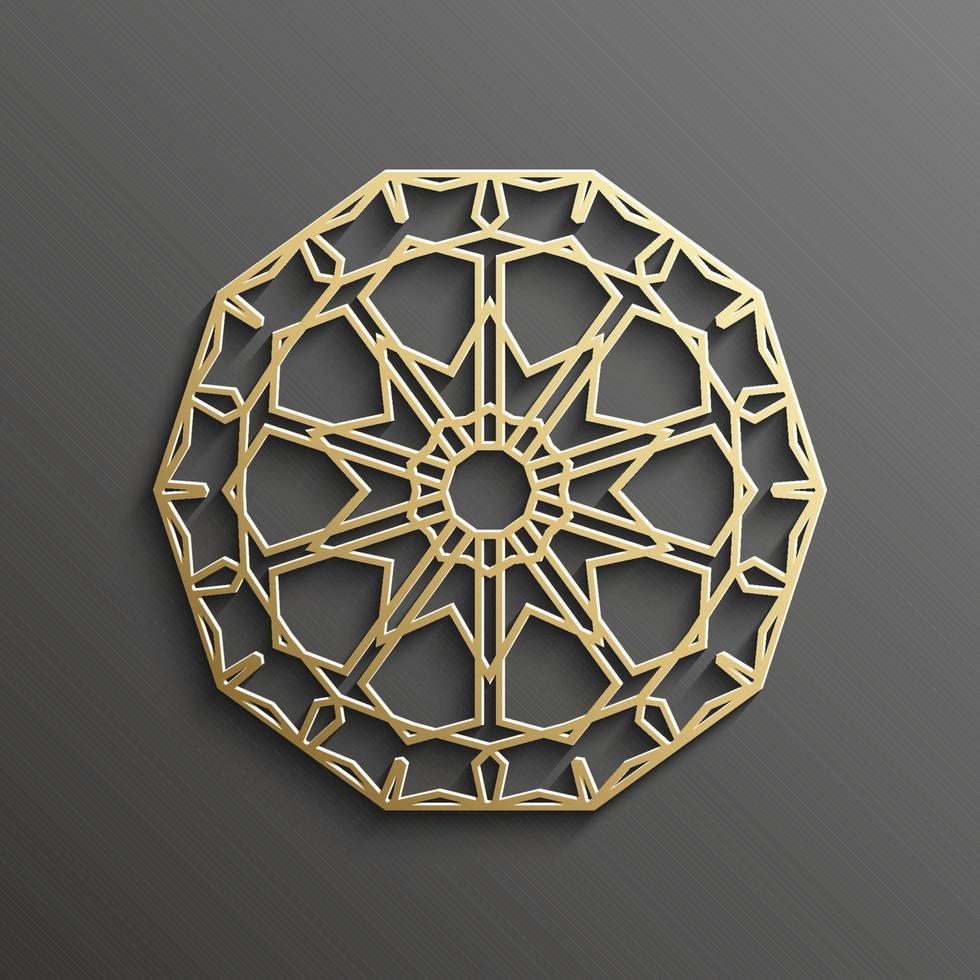 oro 3d islámico sobre fondo de ornamento redondo de mandala oscuro diseño arquitectónico de textura musulmana. se puede utilizar para invitaciones de folletos, motivo persa vector