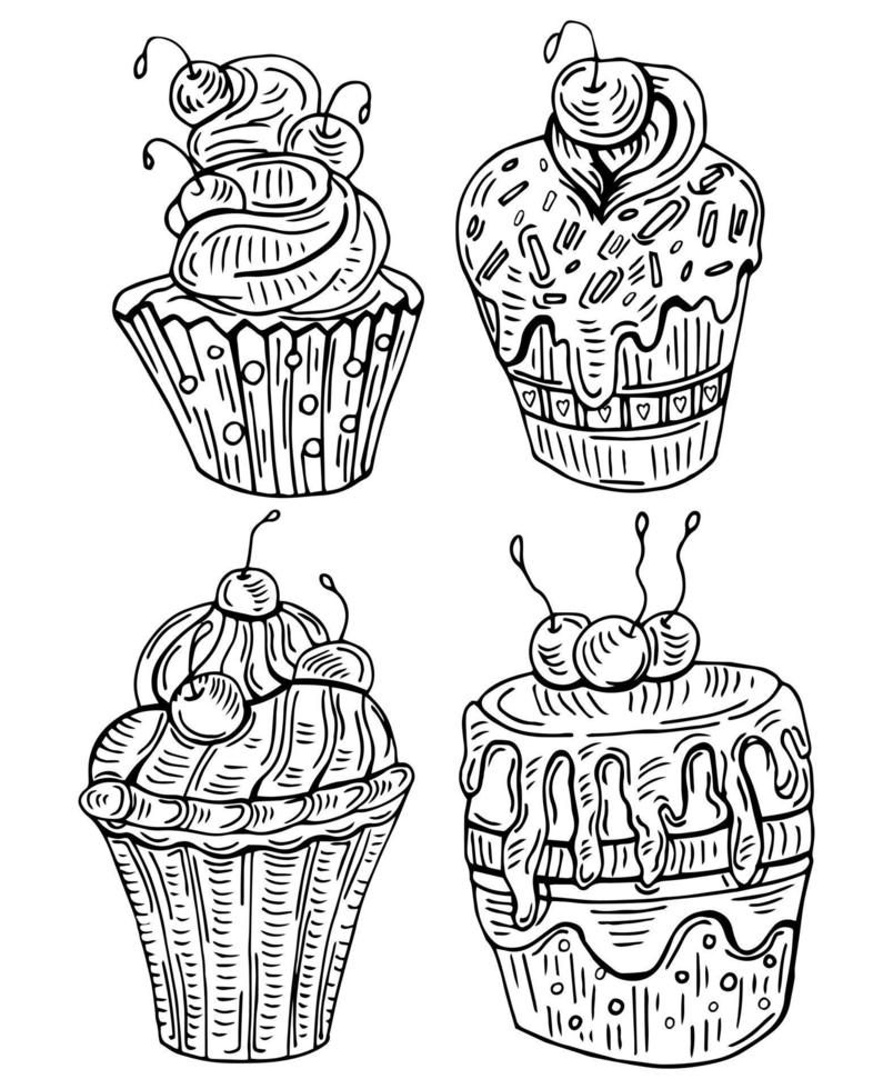 conjunto de ilustraciones vectoriales de pasteles de magdalenas, conjunto dulce para su diseño. vector