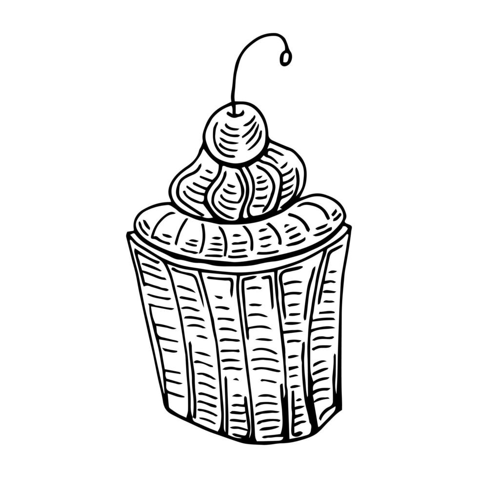 Hand drawn illustration of tasty cupcake. Vector illustration. Sketch cupcake