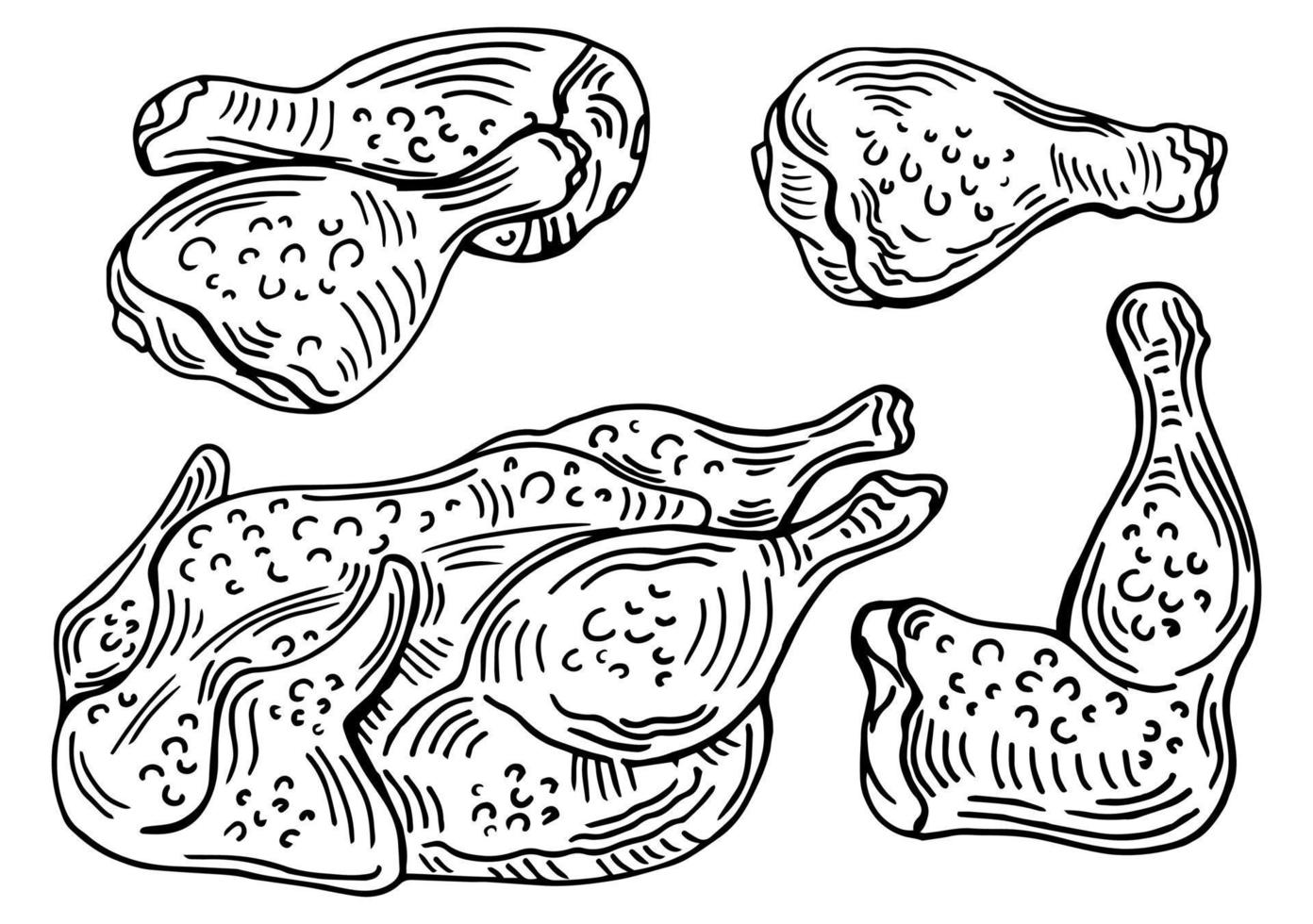 Chicken cuts, hen parts. Domestic bird meat set. Engraving sketch style. parts of carcass vector