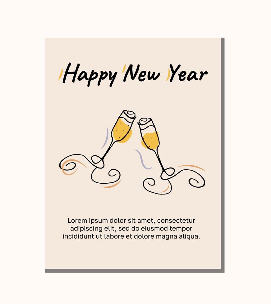 New year card with glasses of champagne and text. Lineart Vector illustration.