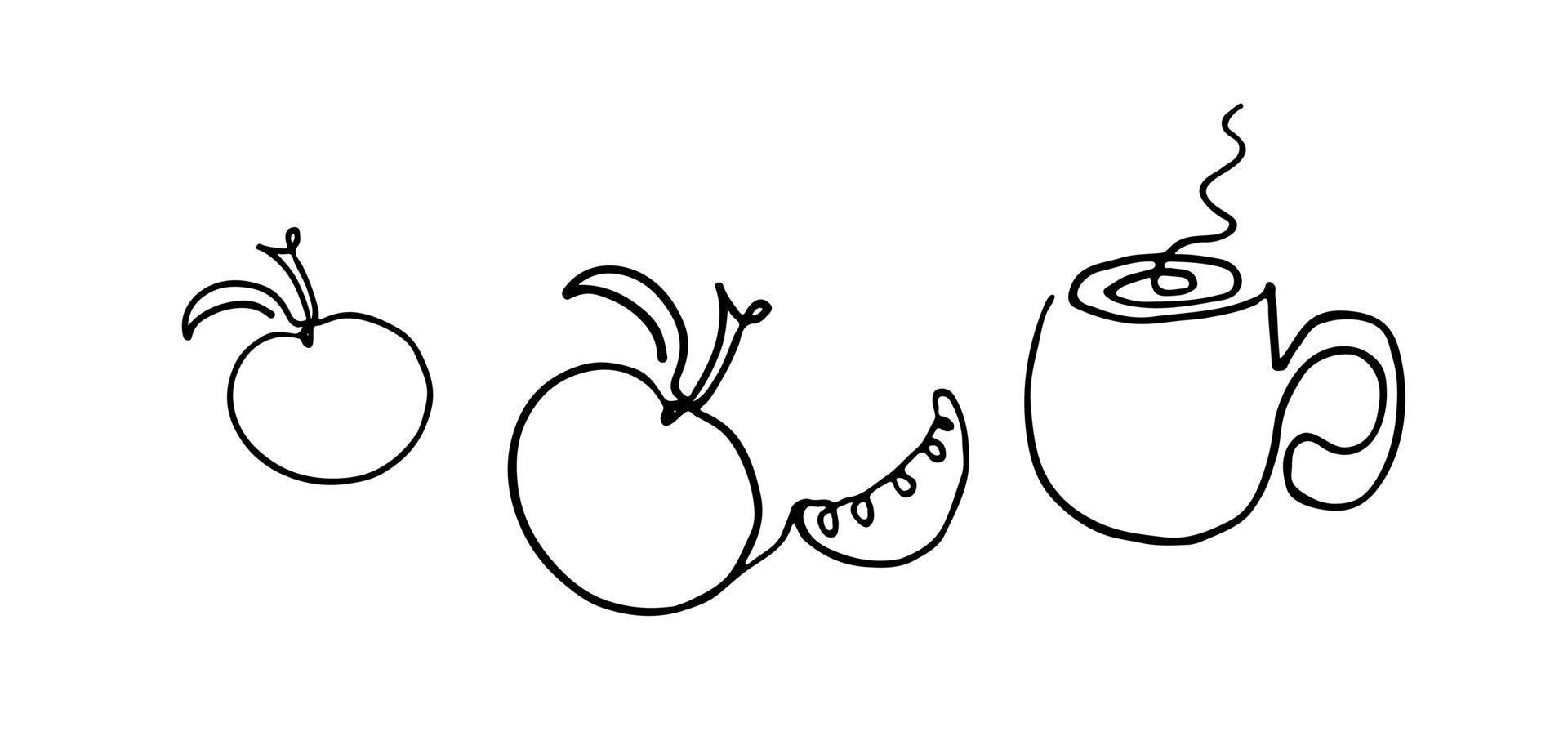 bebida caliente de arte lineal, manzana y mandarinas en el fondo blanco. ilustración vectorial de página para colorear. vector
