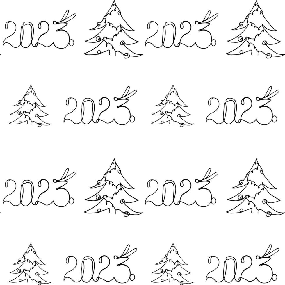 Seamless pattern Line art christmas tree and 2023 inscription. Vector illustration.