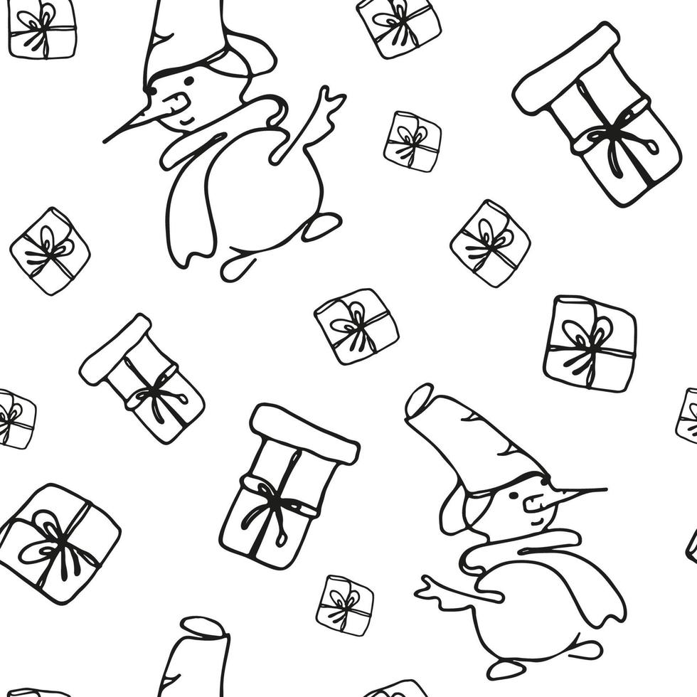 Seamless pattern Line art snowman and gifts. Vector illustration.