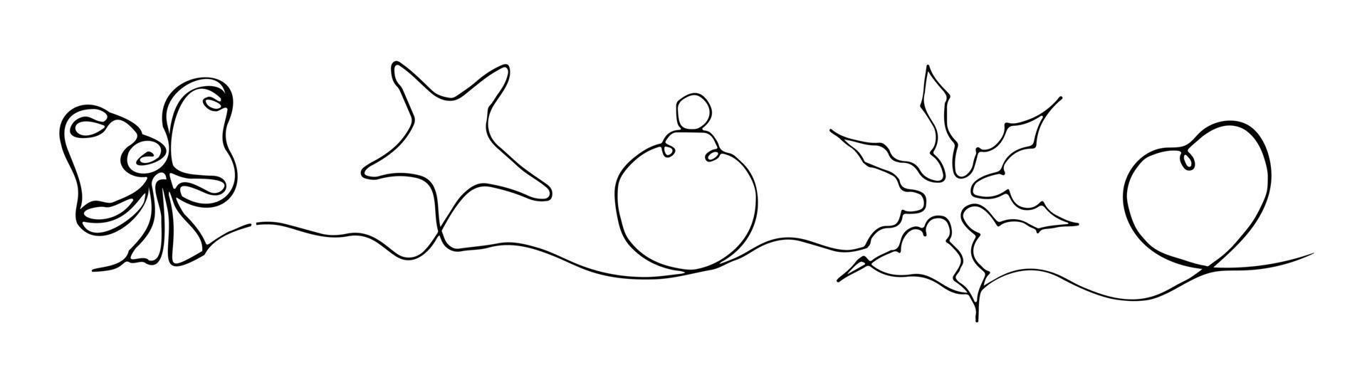 Line art Christmas ball, bow, star, snowflake, heart. Coloring page Vector illustration.