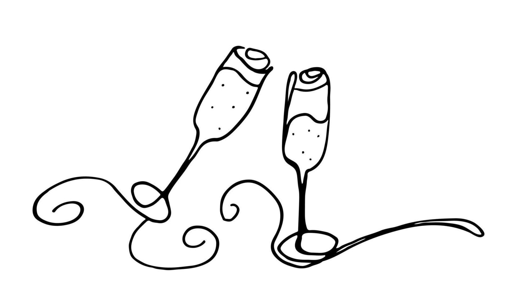 Line art two glasses of champagne on the white backgraund. Coloring page Vector illustration.