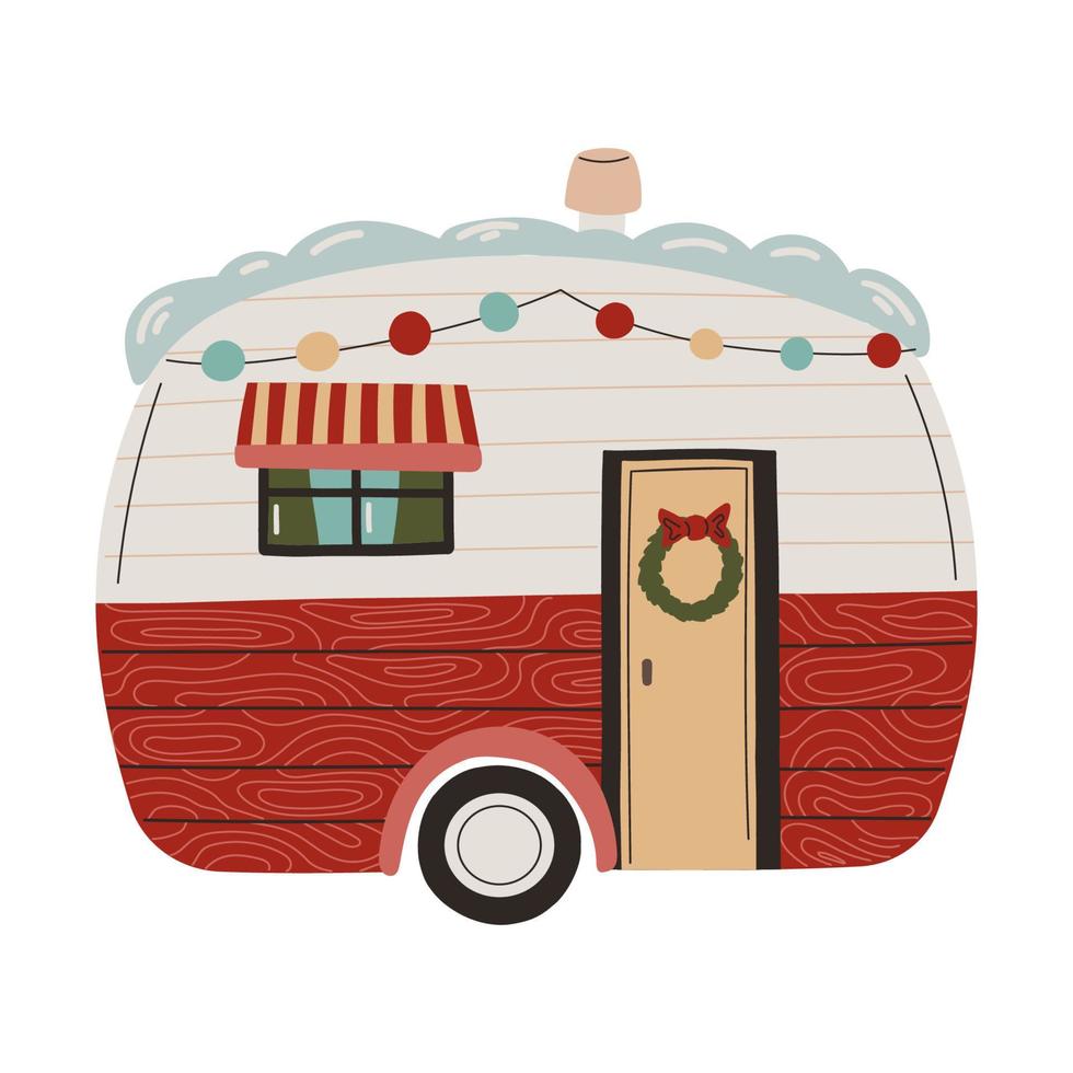 Christmas decorated trailer. Hand drawn winter illustration vector