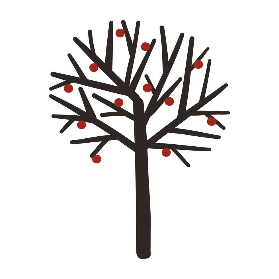 Tree with no leaves and red fruits. Hand drawn Christmas winter illustration vector