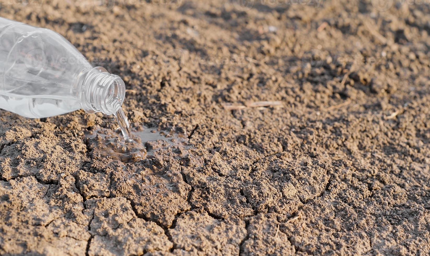 Selective focus of dry cracked earth due to drought, water is poured from a plastic bottle, crisis and drought in Asia, critically hot summer, lack of water photo