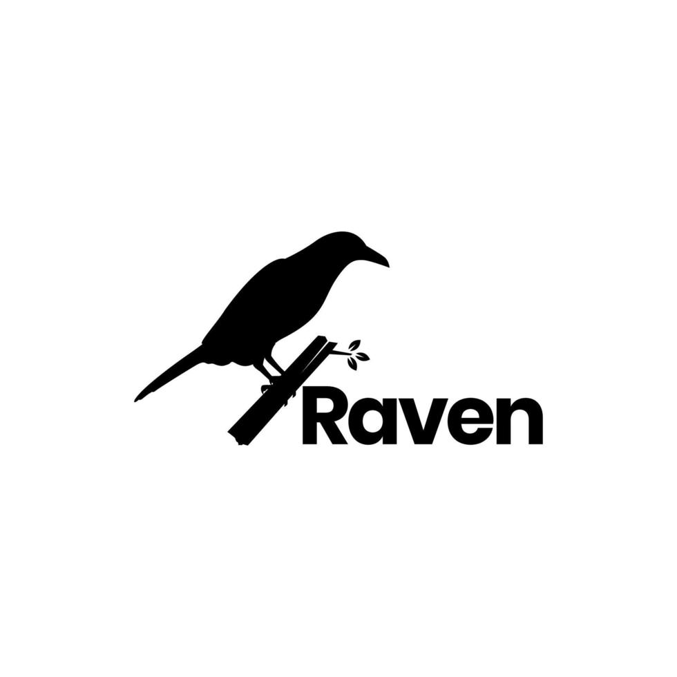 bird raven with branch minimalist silhouette logo design vector