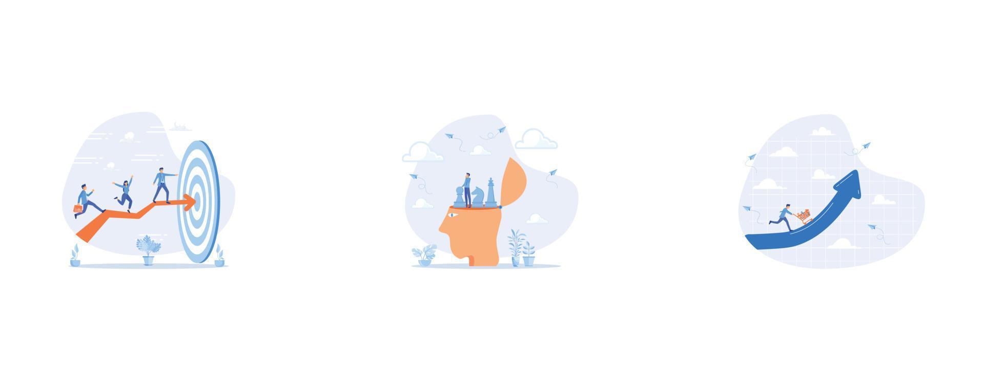 Team target or achievement, Strategic thinking to get business solution and win competition, Inflation causing grocery price rising up, set flat vector modern illustration