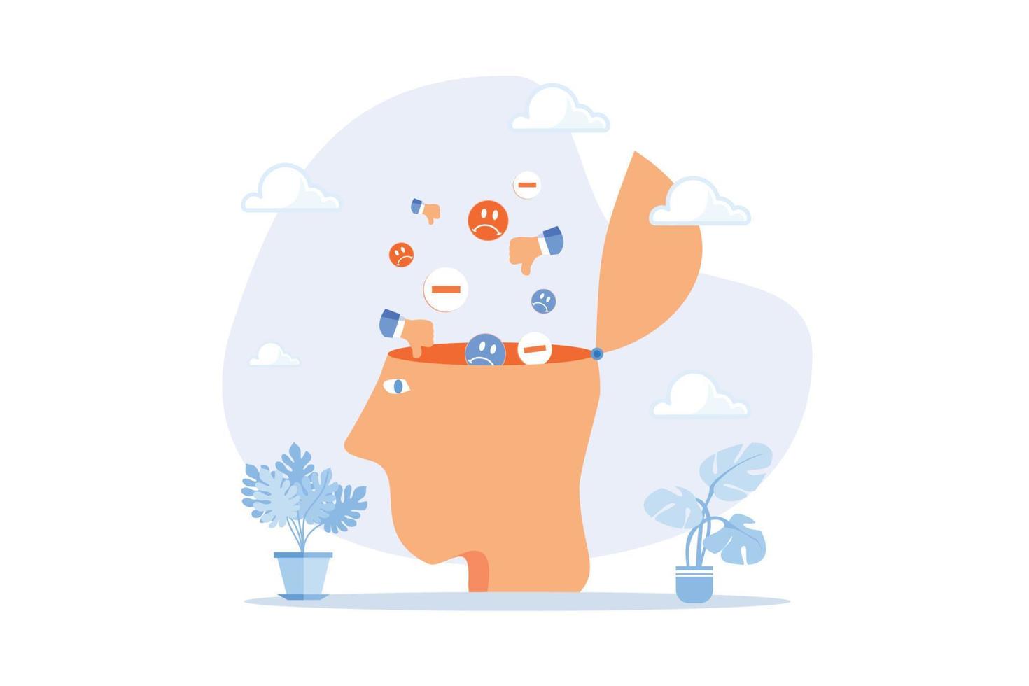 Negative thinking bad attitude cause of failure or fear, depression and sadness, emotional or mental problem, stress anxiety concept, flat vector modern illustration