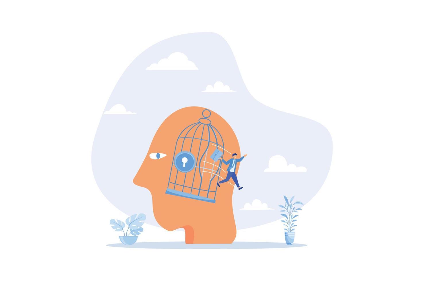 Freedom, break free from prison of thinking, inspiration or think out of the box, psychology or mental therapy, emotional concept, flat vector modern illustration