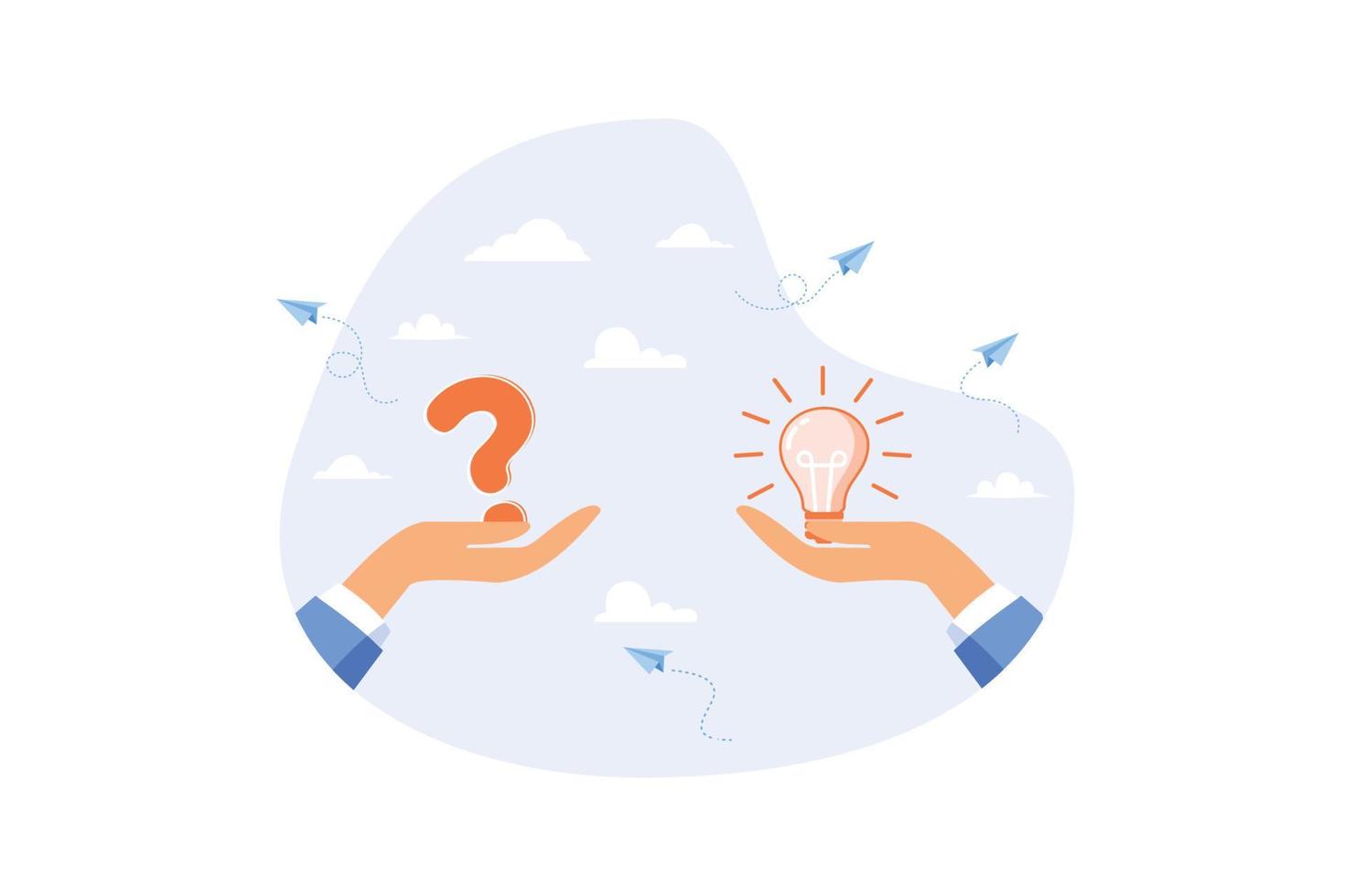 Question and answer, solving problem or business solution, ask for reply or idea to solve difficulty and trouble, FAQ concept, flat vector modern illustration