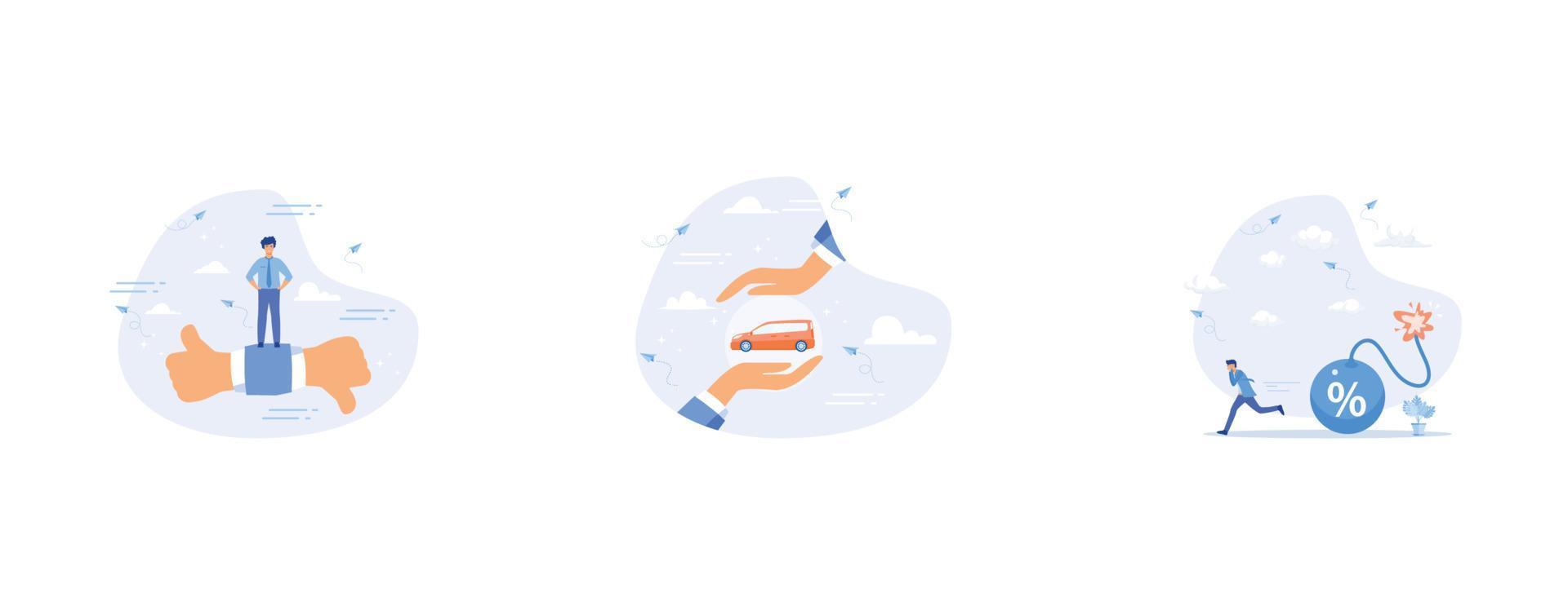 Performance evaluation, Car insurance or automobile protection, Inflation or interest rate causing economic recession, set flat vector modern illustration