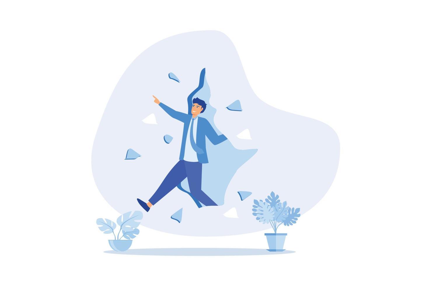 Courage and motivation to breakthrough the wall, obstacle or problem, challenge to escape from safe zone and achieve success concept, flat vector modern illustration