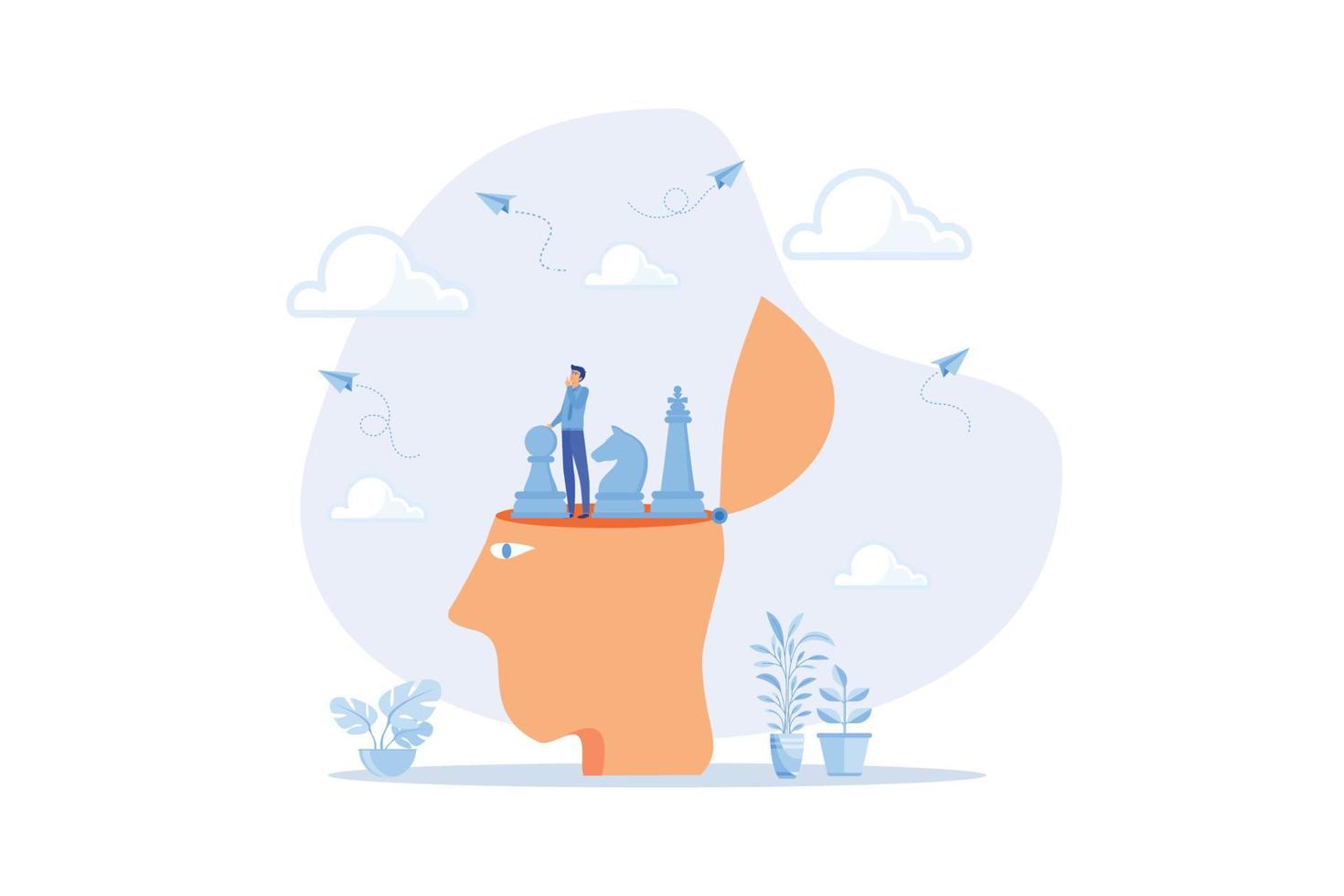 Strategic thinking to get business solution and win competition, leadership challenge to think about new idea, intelligence or wisdom for success, flat vector modern illustration