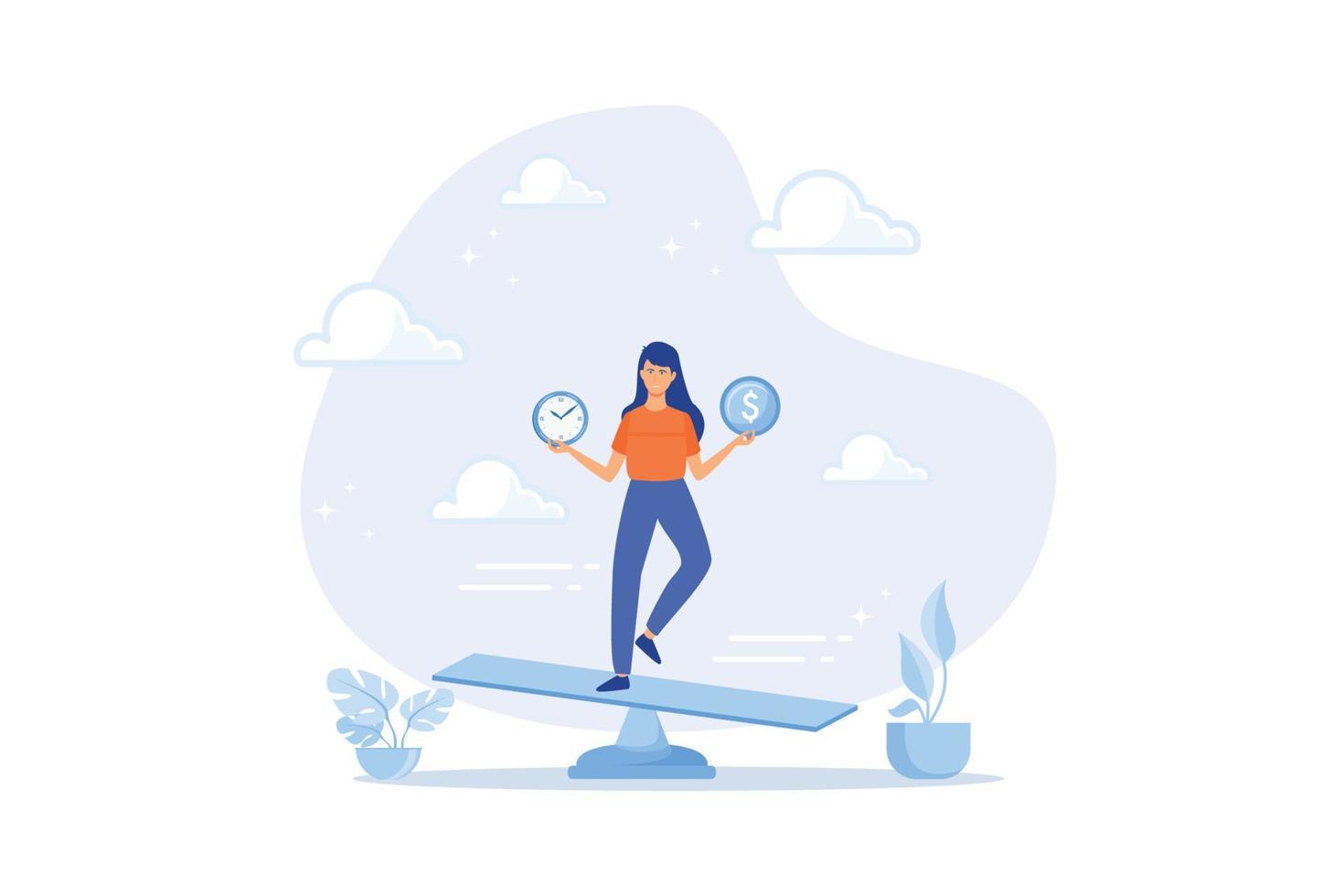 Time and money balance, weight between work and life, long term investment or savings, control or make decision concept, flat vector modern illustration