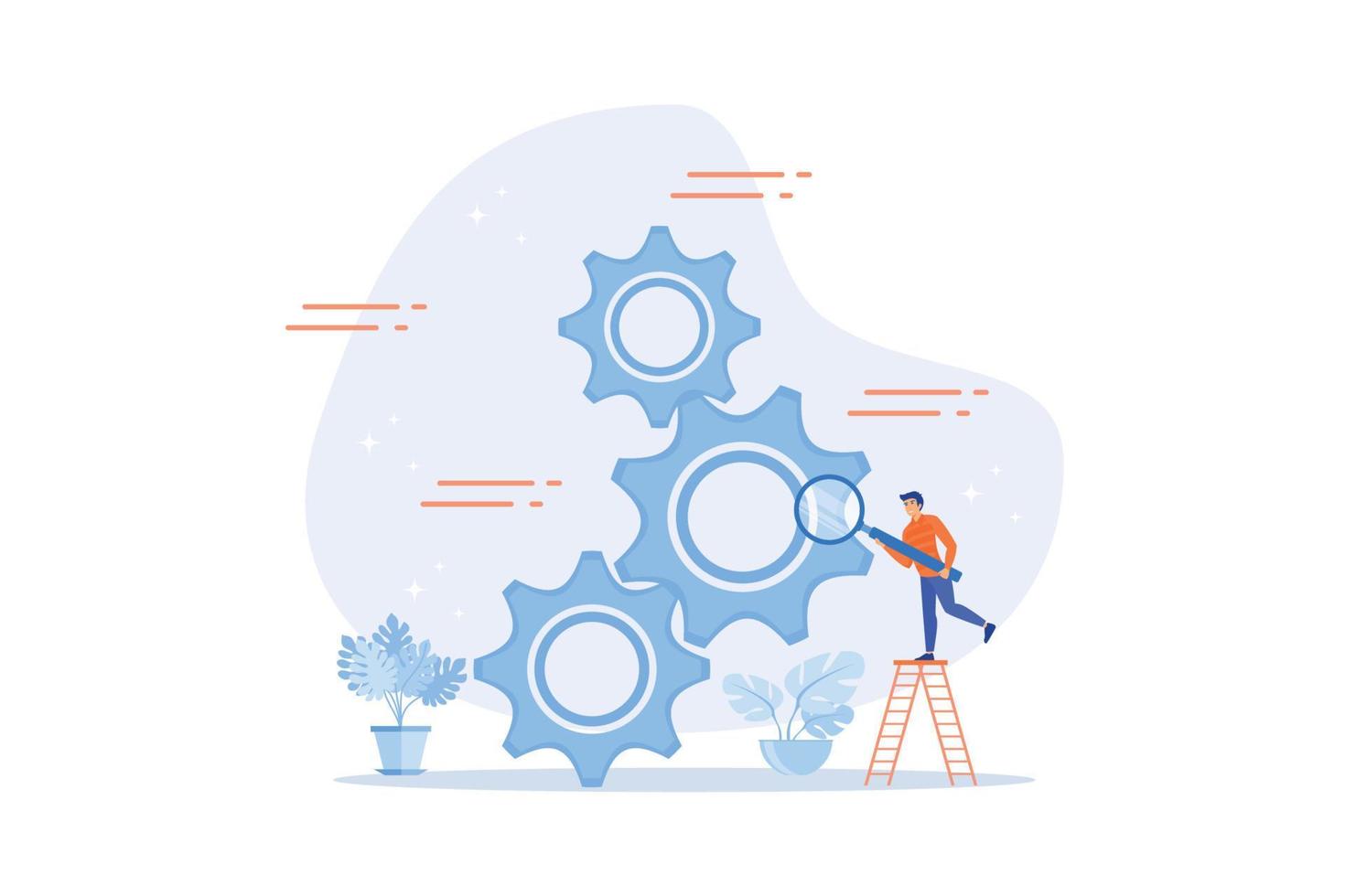 Analyze problem to fix the process, solving business issue for smooth workflow, project management or development concept, flat vector modern illustration