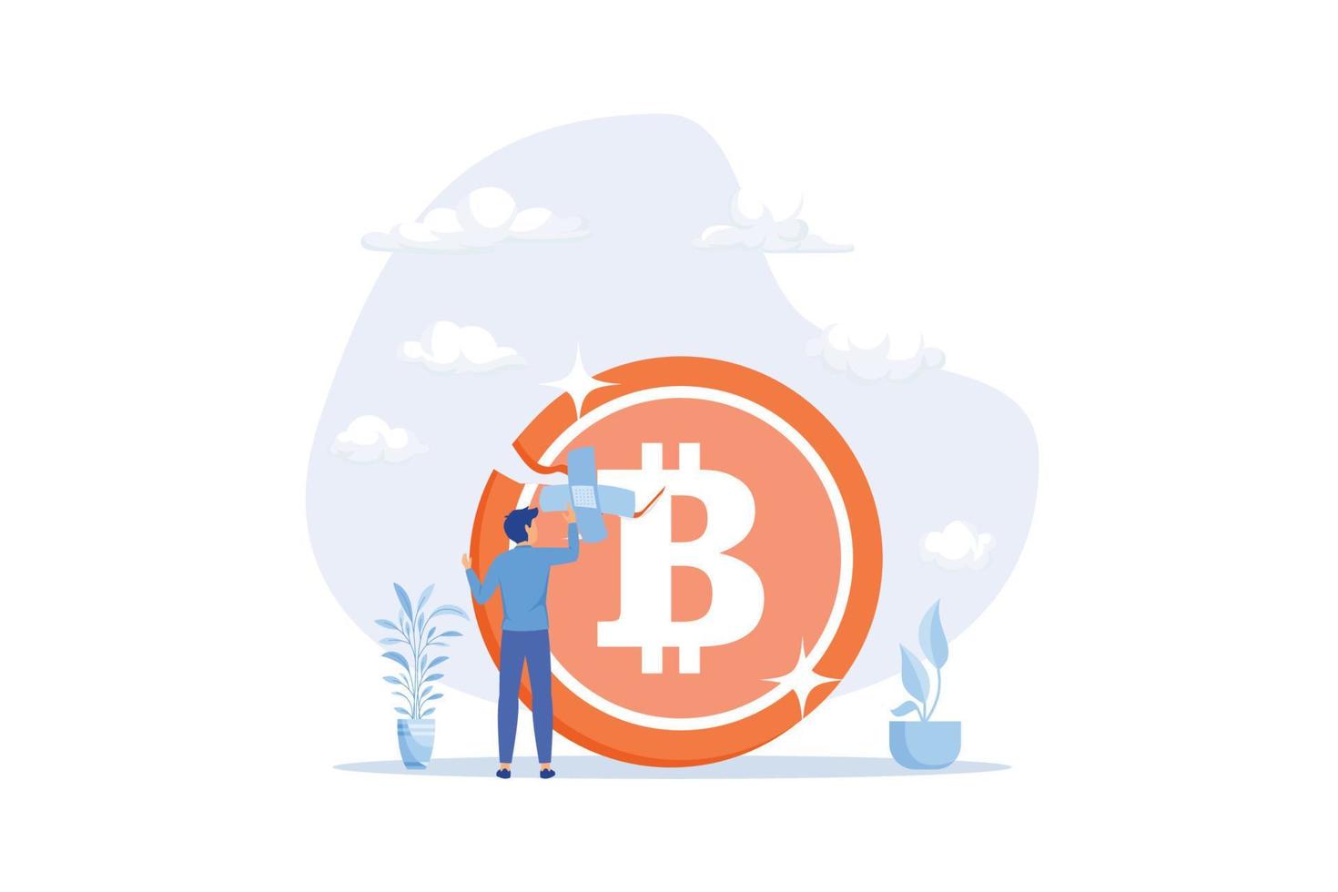 Bitcoin and cryptocurrency value return after crash or collapse, rescue or fix Bitcoin trading concept, flat vector modern illustration