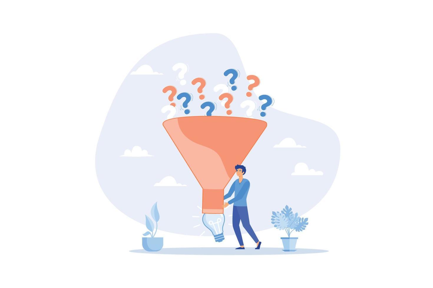 Solving problem, solution or result from business difficulty, research or discover new idea, creativity to answer questions, flat vector modern illustration