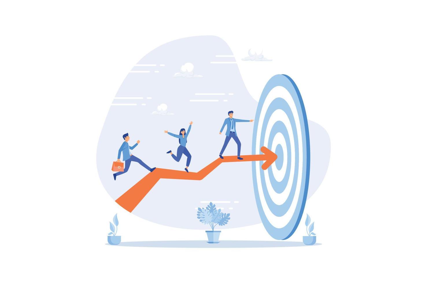 Team target or achievement, teamwork or leadership to lead to achieve goal, business direction or success, career path or growth concept, flat vector modern illustration