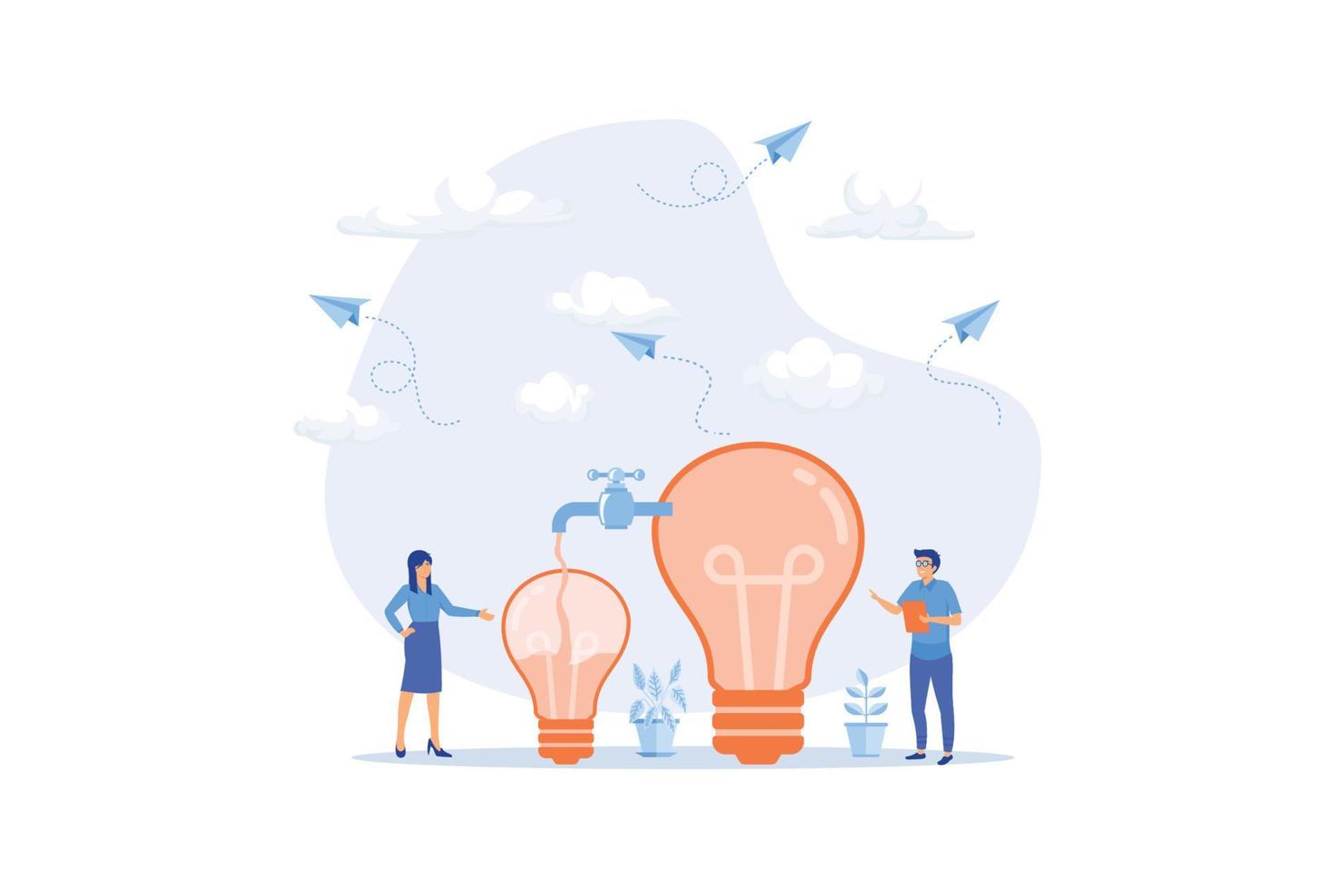 Sharing idea or knowledge sharing, transfer information or wisdom to employees or colleagues, creativity or innovation, learning new skills concept, flat vector modern illustration