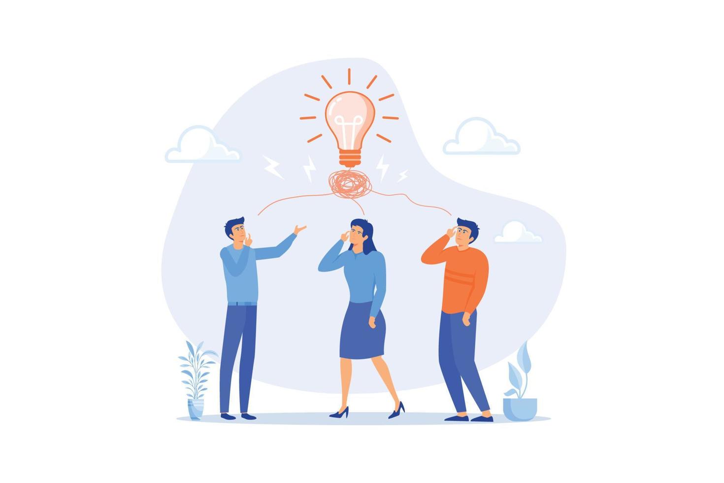 Brainstorming idea, team meeting or discussion for business solution or inspiration, teamwork creativity or collaboration for success concept, flat vector modern illustration