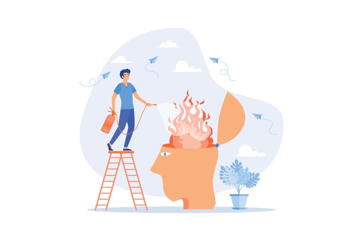 Therapy to cool down burning mind or anger, reduce burnout or mental illness, depression, cure anxiety and stress concept, flat vector modern illustration