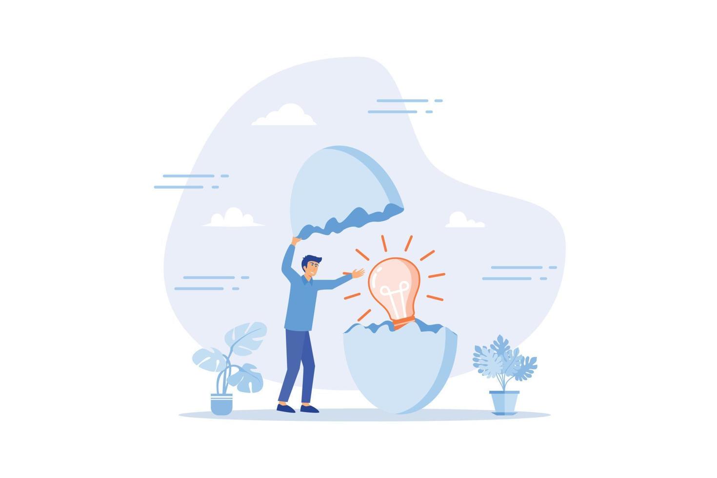 nueva idea creativa, innovación o solución para negocios, emprendimiento o idea de inicio, concepto de creación o descubrimiento, ilustración moderna de vector plano