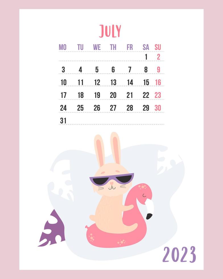 July 2023 calendar. Cute bunny on vacation in sunglasses floats on rubber pink flamingo. Vector illustration. Vertical Template. Week from Monday In English. rabbit is symbol 2023 year.