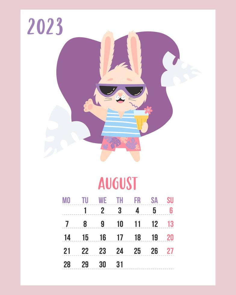 agosto de 2023. calendario. lindo conejito en shorts de playa con gafas de sol con cóctel. ilustración vectorial plantilla vertical. semana a partir del lunes en ingles. el conejo es el símbolo del año 2023 para el zodíaco chino. vector