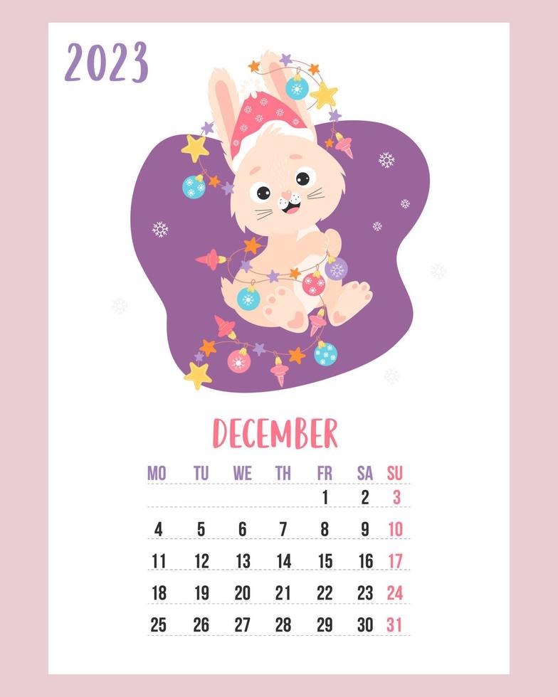 December 2023 calendar. Cute bunny in santa hat with garland and christmas balls. Vector illustration. Vertical Template. Week from Monday In English. rabbit is symbol 2023 year to Chinese zodiac.