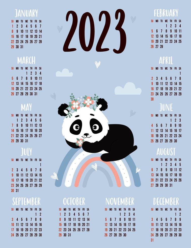 Vertical annual calendar for 2023 for 12 months with cute panda on rainbow. Vector illustration. Vertical template in English. The week starts on Sunday.