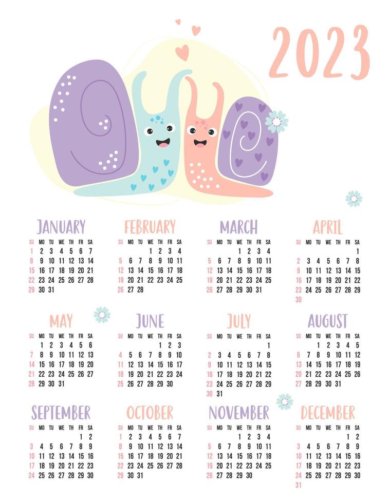 calendario anual para 2023 con feliz pareja de lindos caracoles enamorados. ilustración vectorial plantilla vertical para 12 meses en ingles. semana el domingo. vector