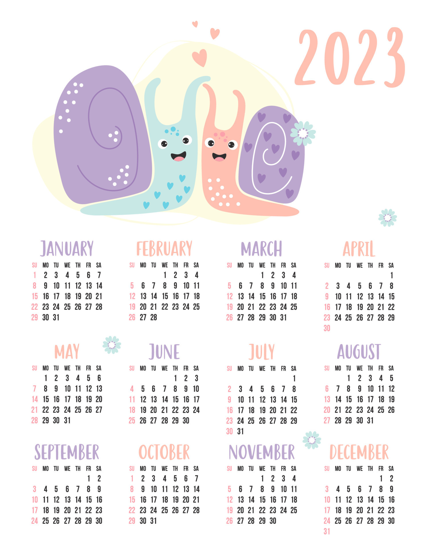 Yearly calendar for 2023 with happy couple of cute snails in love
