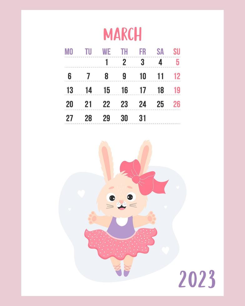 calendario marzo 2023. linda bailarina de conejita vestida con zapatos de punta. el conejo es el símbolo del año 2023 para el zodíaco chino. ilustración vectorial plantilla vertical. semana a partir del lunes en ingles. vector