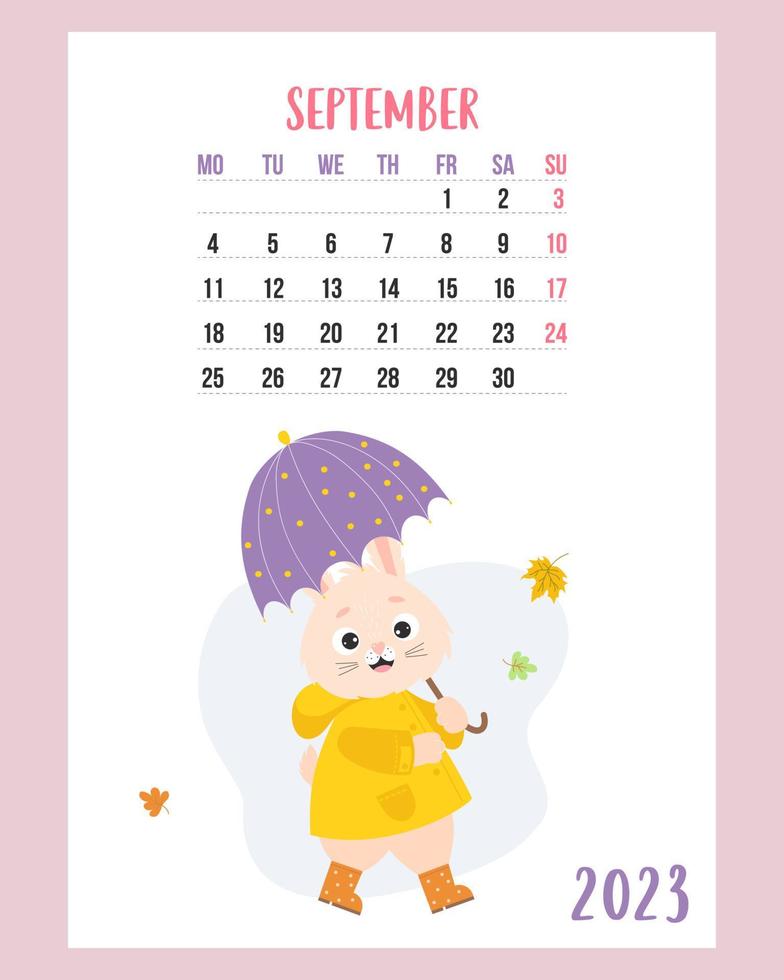 September 2023 calendar. Cute bunny under an umbrella, in raincoat and rubber boots with falling autumn leaves. Vector illustration. Vertical Template. Week from Monday. English. rabbit symbol year.