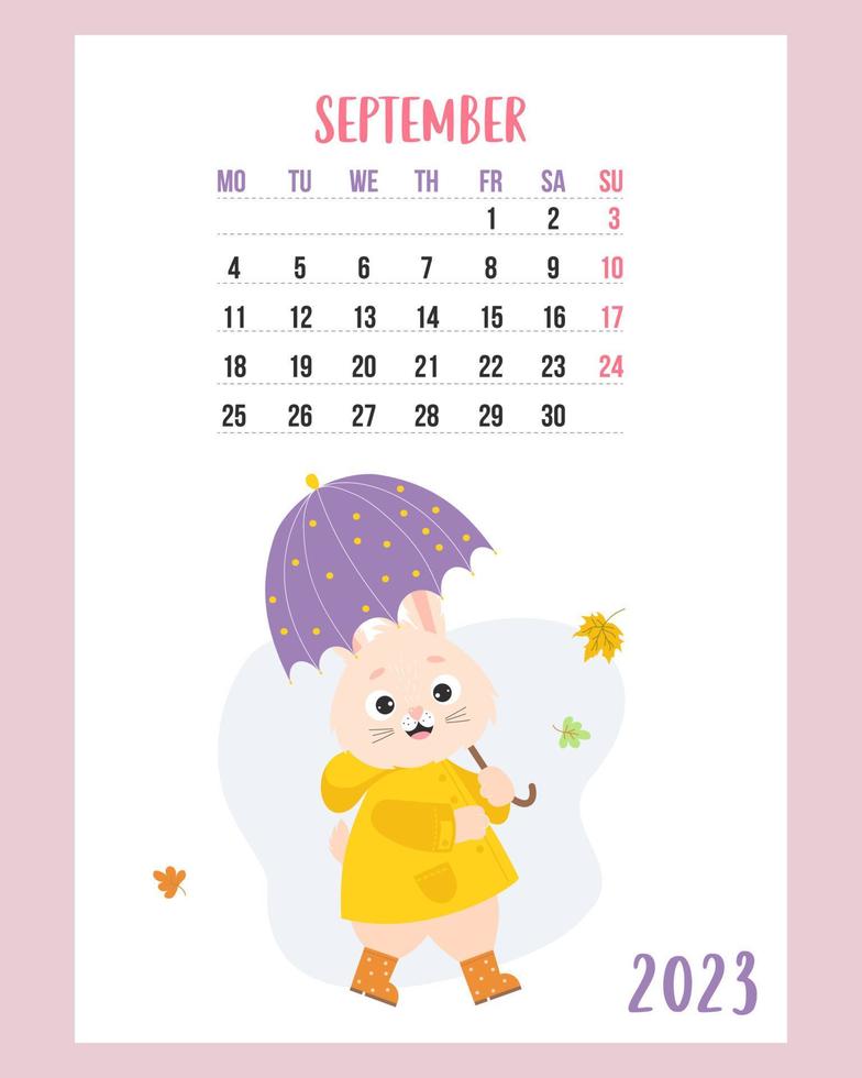 calendario septiembre 2023. lindo conejito bajo un paraguas, con impermeable y botas de goma con hojas de otoño que caen. ilustración vectorial plantilla vertical. semana a partir del lunes. inglés. año del símbolo del conejo. vector