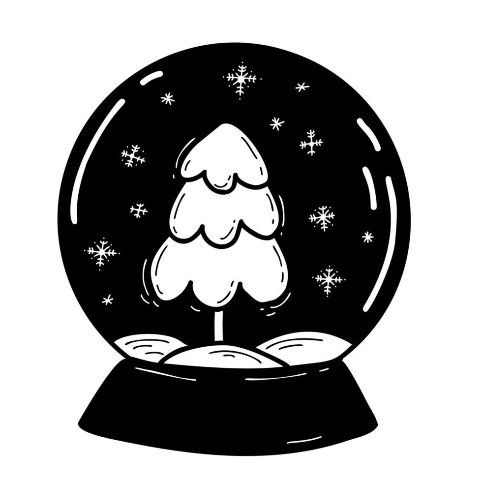 globo de nieve de navidad con árbol de año nuevo. dibujo a mano vectorial en estilo garabato. para decoración navideña, diseño, decoración e impresión. vector