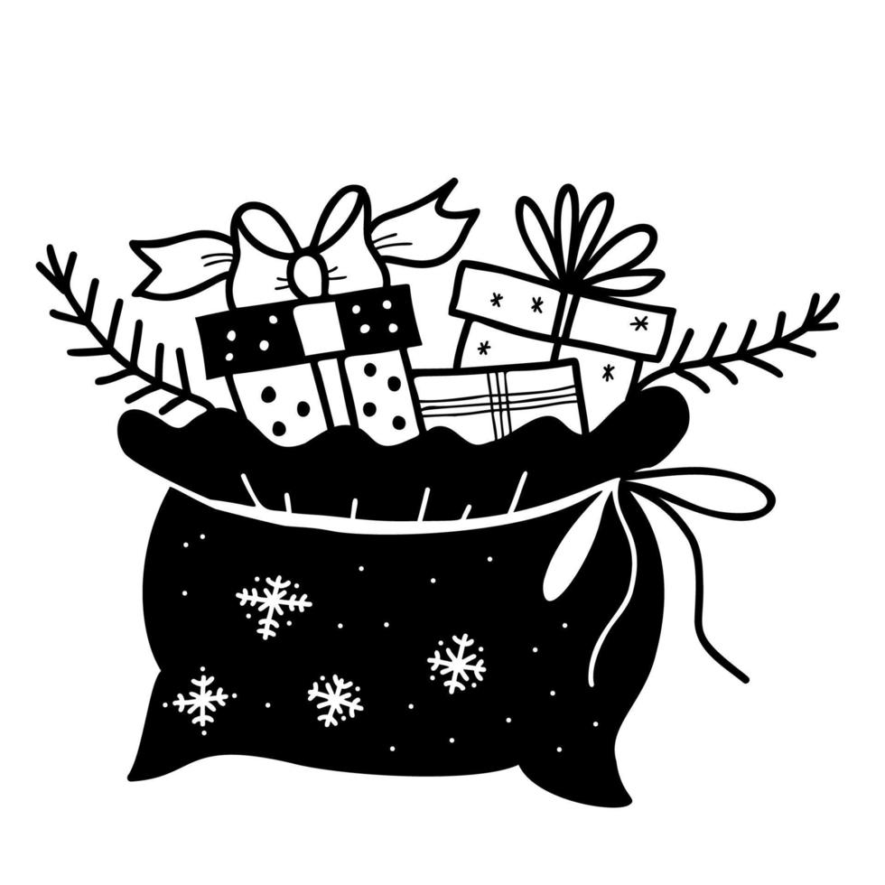 Santas Christmas bag with gifts. Vector hand drawing in doodle style. For holiday decor, design, decoration and printing .