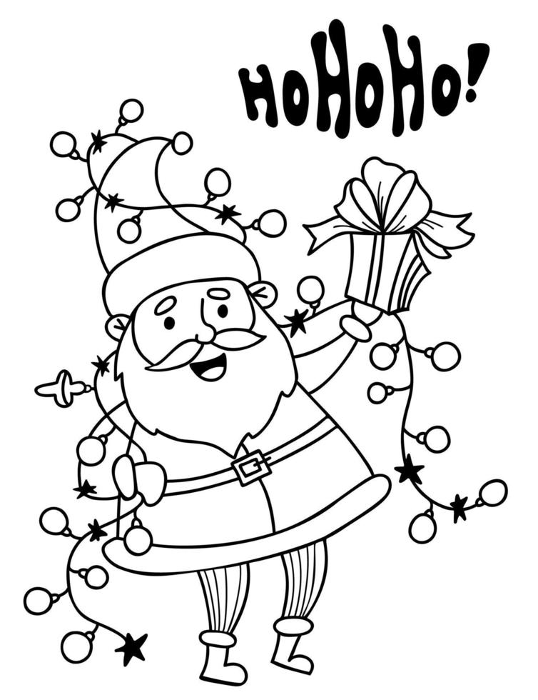 Father christmas cartoon. Cute old Santa Claus with garland, Christmas balls and box with gift. Vector illustration. Linear hand drawing, doodle.