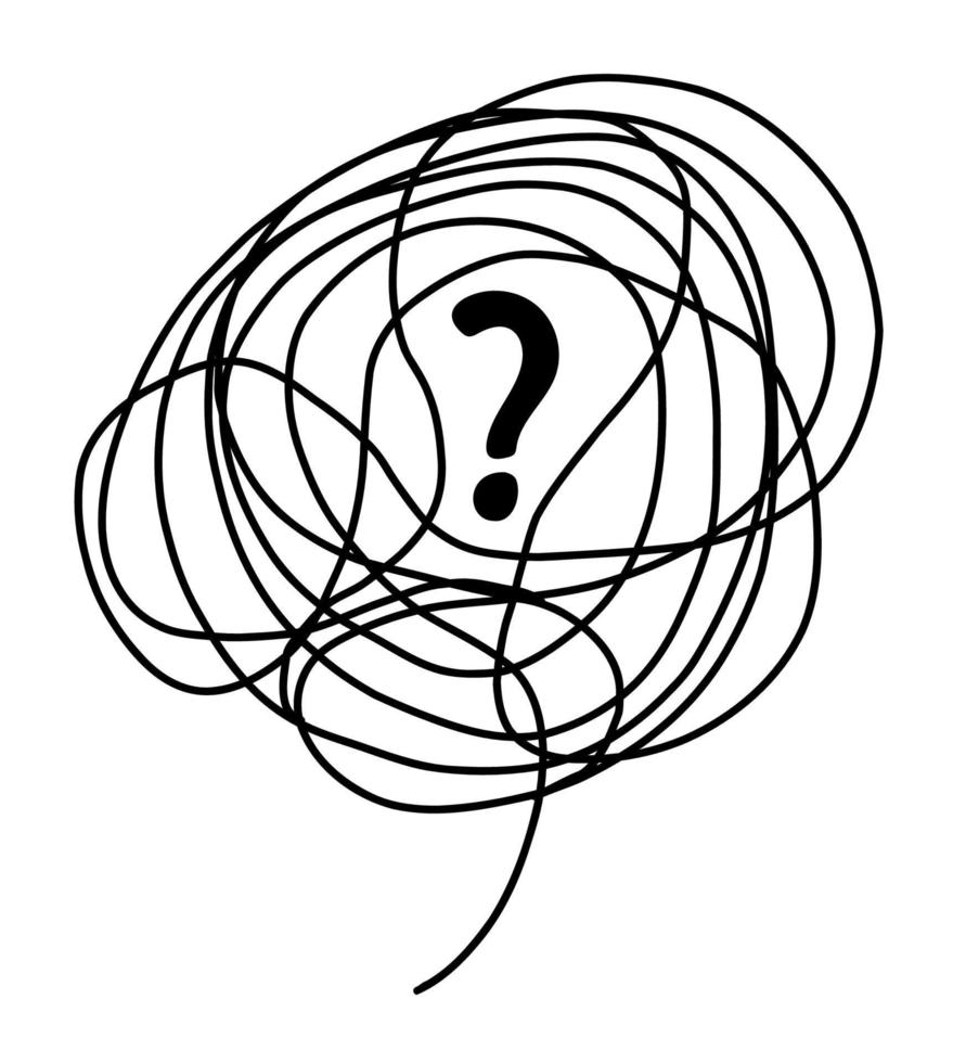 Tangle bubble of confused thoughts with question mark. Vector linear drawing doodle. Psychological concept of problem solving. Continuous tangled line.