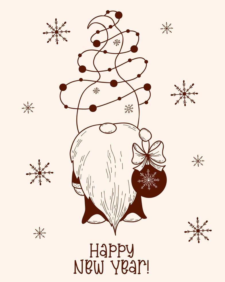 lindo gnomo escandinavo. gnomo de personaje de invierno con guirnalda y bola de navidad. ilustración vectorial dibujado a mano, estilo de dibujos animados de garabatos. tarjeta de navidad feliz año nuevo. vector